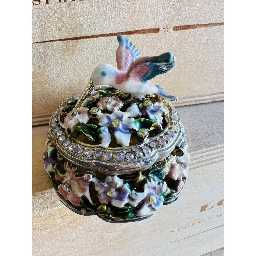 Ornate Hummingbird Trinket Box Small Metal Acrylic Pill Ring Holder  Rhinestone